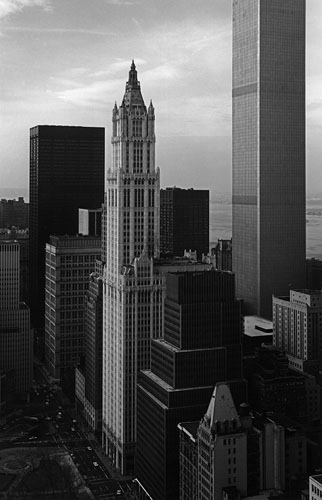 Woolworth Building, 1982. 233 Broadway, 1913. Architect: Cass Gilbert.Right: 2 World Trade Center, South Tower.Architect: Minoru Yamasaki and Associates of Troy, Michigan, and Emery Roth and Sons of New York.