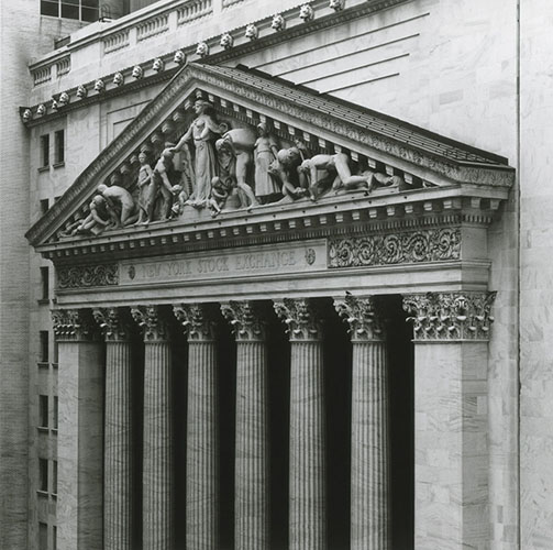 New York Stock Exchange, from Federal Hall, 1985. 8–18 Broad Street, 1903.Architect: George B. Post. Sculpture: &quot;Integrity Protecting the Works of Man&quot; by J. Q. A. Ward and Paul Bartlett.
