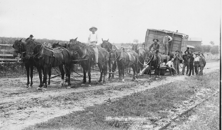 In this Tipton photo of 1883, a team and wagon are used to deliver one of the new monuments. Under the supervision of the Gettysburg Battlefield Memorial Association, most monuments were constructed by a select group of sculptors and then brought to the battlefield for completion and installation. Source: Gettysburg National Military Park Archives.