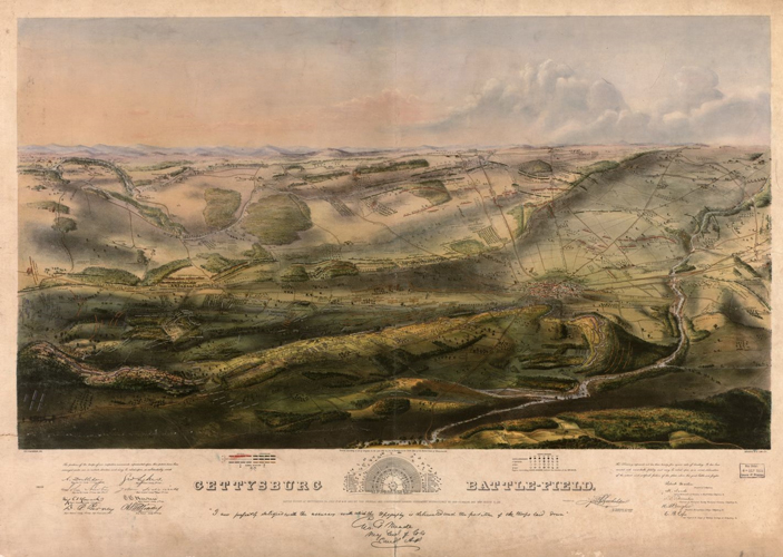 John B. Bachelder’s innovative Isometric Map of the Battle of Gettysburg (1863), based on his extensive knowledge, was his first depiction of the sequence of the battle’s events and the general locations of troops. It was also offered for sale in limited numbers, which made it one of the first tourist products memorializing the battle. Source: Gettysburg National Military Park Archives.