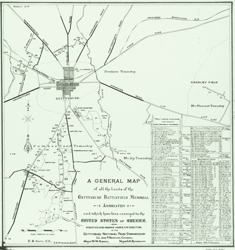 This map from the 1890s shows all of the lands owned by the Gettysburg Battlefield Memorial Association along with many of the properties it desired, all attributed with specific location names. Source: Gettysburg National Military Park Archives.