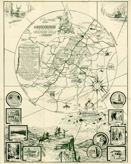 Kavanaugh Hotel, “A Pictorial Map: Harrisonburg in the Heart of the Shenandoah Valley of Virginia,” ca. 1936. This map demonstrates the city’s desire to become a regional tourist destination during the 1930s.