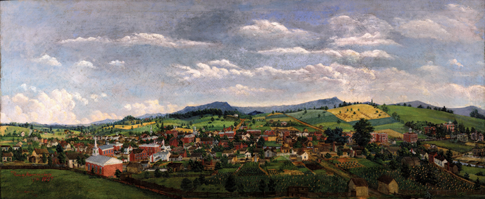 Emma Lyon Bryan, “Town of Harrisonburg, Va. 1867,” oil on canvas. Bryan’s famous panorama offers a detailed, idealized vision of Harrisonburg in the aftermath of the Civil War.