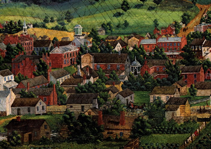 Detail of Emma Lyon Bryan, “Town of Harrisonburg, Va. 1867.” A view of Court Square, the commercial and administrative center of Harrisonburg and Rockingham County.