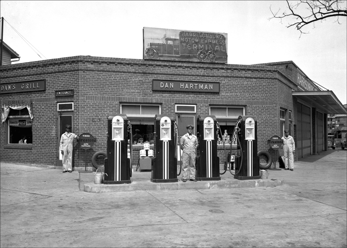 Photograph of Dan Hartman’s Service Station (ca. 1938) by Lupton Kaylor. A sizeable part of this local photographer’s business was promoting local businesses such as this “filling” station that also included a restaurant and motor freight company. The automobile age was fully embraced by Harrisonburg, which had become a well-known tourist destination by this time.