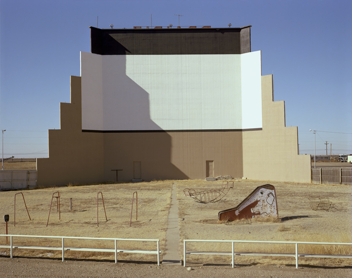 January 9, 1981. The screen side of the Prairie Drive-in Theater along U.S. 287 in Dumas, Texas, has a three-dimensional white rectangle.