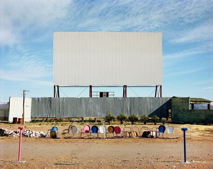 January 2, 1981. A row of metal chairs for a close-up view of a drive-in theater screen on U.S. 90 on the southern side of Van Horn in West Texas.