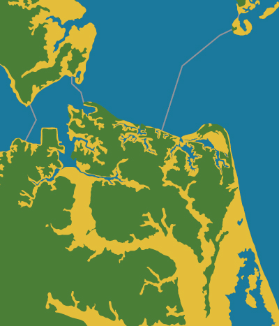 Virginia Beach map of a two-meter (6.7-feet) rise in sea level by Morgan Pfaelzer. Copyright © 2016 Center for the Study of Place. Source: Climate Central.