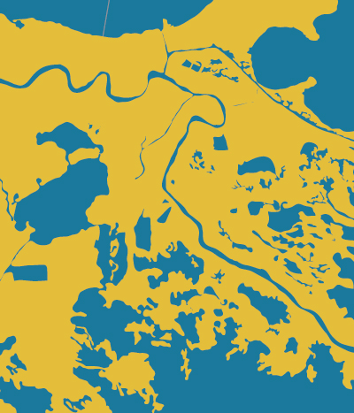 New Orleans, LA map of a two-meter (6.7-feet) rise in sea level by Morgan Pfaelzer. Copyright © 2016 Center for the Study of Place. Source: Climate Central.