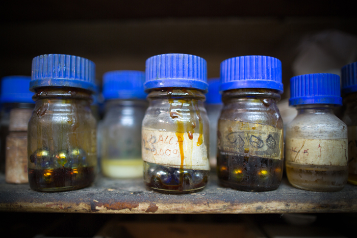 A small sampling of jars of varnish and spirits (alcohol) that Amnon uses in the violin, viola, and cello restoration process. 