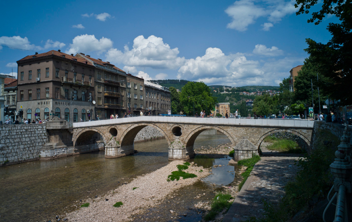 The corner of the three-story building to the left of the Latin Bridge in Sarajevo, Bosnia, is where Archduke Franz Ferdinand and his wife were assassinated on June 28, 1914. A month later, war was declared and the Great War had begun. 