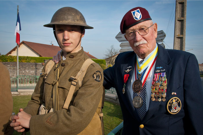 During the ninetieth anniversary ceremony of the Meuse-Argonne Offensive in the French village of Neuvilly-en-Argonme, Bill Ryan (right), a veteran of World War II, Korea, and Vietnam, stands with a French re-enactor of Granddad's 89th Division. 