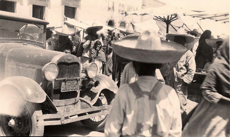 The Roadster in the market place at Las Comas, Mexico.