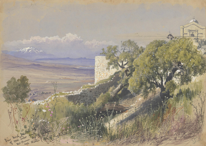 &lt;i&gt;View North from the top of Mt Tabor—showing Mt Hermon—Sea of Galillee/and Hattin (Mtn. of Beatitudes)&lt;/i&gt;. Pencil, watercolor, and gouache on cream paper, 9⅞ x 13⅞ in.