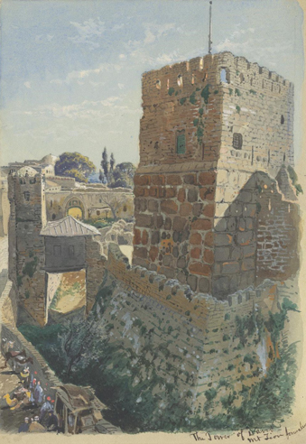 &lt;i&gt;Tower of David, Mt. Zion Jerusalem&lt;/i&gt;. Pencil, watercolor, and gouache on beige paper, 9⅞ x 6⅞ in.