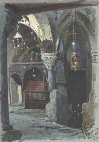 &lt;i&gt;Chapel of Helena, Holy Sepulchre, March 28, 1878&lt;/i&gt;. Pencil, watercolor, and gouache on pale blue paper, 9⅞ x 6⅞ in.