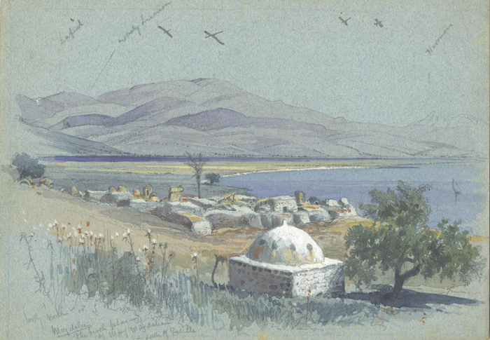 &lt;i&gt;Magdala, the birth place of Mary Magdalene, Lake of Galilee Looking North/Safed/Wadi [Wadi] Leimon&lt;/i&gt;. Pencil, watercolor, and gouache on pale blue paper, 6⅞ x 9⅞ in.
