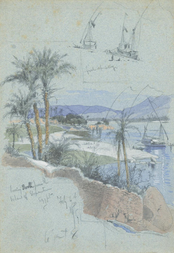 &lt;i&gt;Looking North from the Island of Elephantine, Egypt, Feb. 6th, 1879&lt;/i&gt;. Pencil, watercolor, and gouache on pale blue paper, 9⅞ x 6⅞ in.