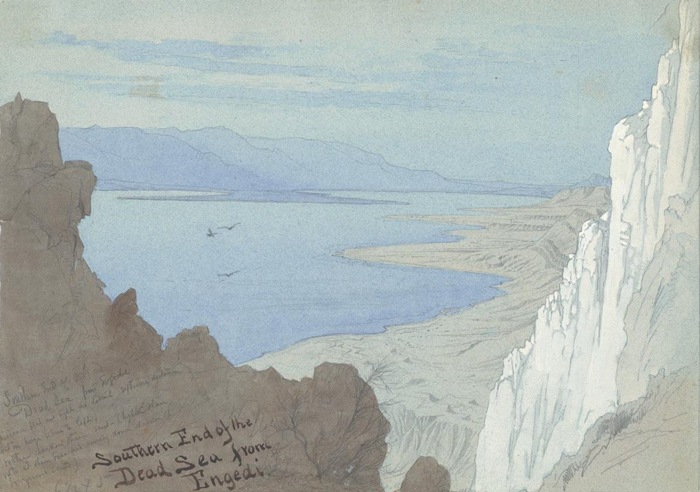 &lt;i&gt;Southern End of the Dead Sea from Engedi&lt;/i&gt;. Pencil, watercolor, and gouache on pale blue paper, 10 x 13⅞ in.