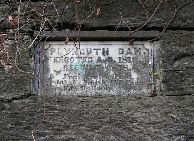 Plymouth Dam datestone, Erected A.D. 1819, Rebuilt 1858,” West Conshohocken, 2018.
