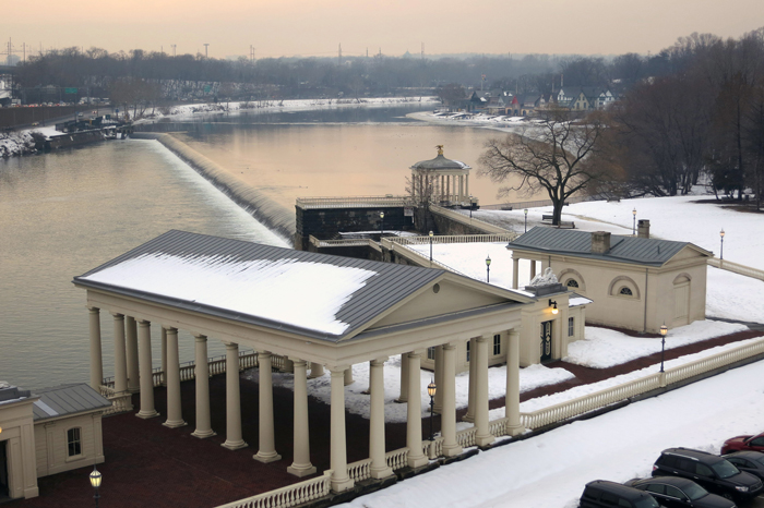 Fairmount Water Works, Fairmount Dam, and Boathouse Row, looking upstream, Philadelphia 2014.