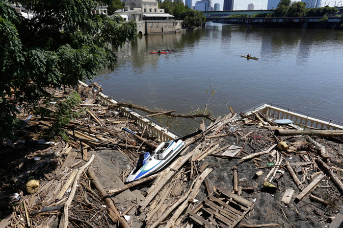 Debris and coal dirt on the Fairmount Water Works lower plaza after September 2 flood on the Schuylkill River, Philadelphia, September 7, 2021.