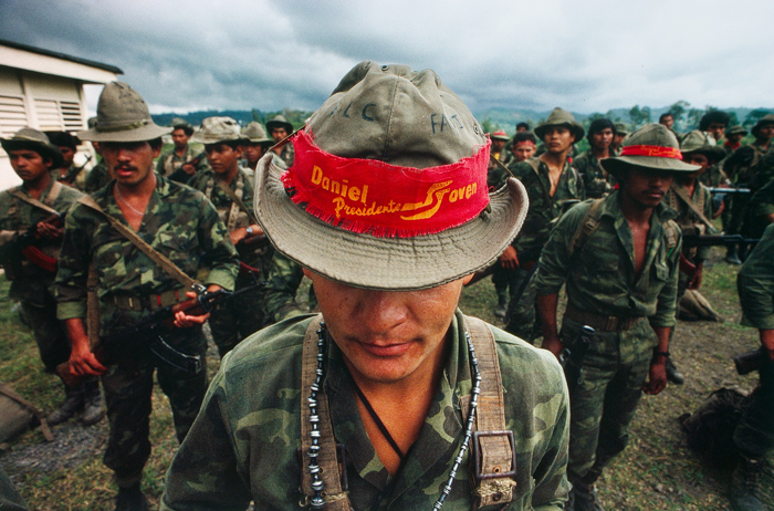 A Sandinista army soldier displays a bandana in favor of Nicaraguan President Daniel Ortega, who lost to the U.S.-backed opposition candidate in national elections, Estelí Department, Nicaragua, February 1990.