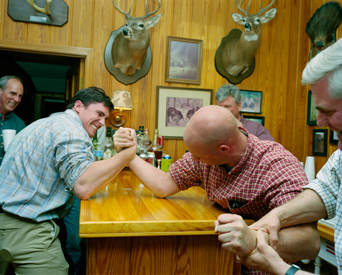 Wrestlers Taylor James (L) and Jacob Vandee. Background: Sandy Stimpson (L) and Bestor Ward; Foreground: Dan Elcan. Choctaw Bluff Hunting Club