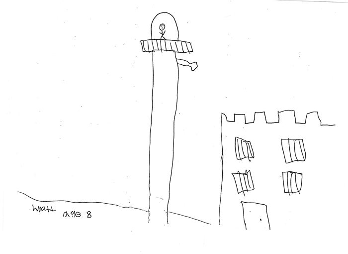 Wyatt, age eight, combines the image of the castle with that of the modern guard tower. While this may come to Wyatt via comic books and television, towers visible from the road identical to this surround downtown Raleigh’s Central Prison, which is adjacent to Raleigh’s new Dix Park.