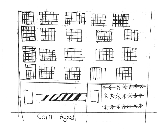 Colin, like Kathryn on the previous page, shows us what can be the outside and inside of the same prison. Control booths, barbed wire, and bars sign the exterior of this eight-year-old’s prison.